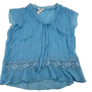 S.L.B. Womens XL Blue Lace Trim Blouse Crinkle Chiffon Y2K Style Short Sleeve